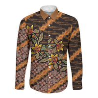 Indonesian Batik Motifs Pattern Floral Art Orange Long Sleeve Button Shirt