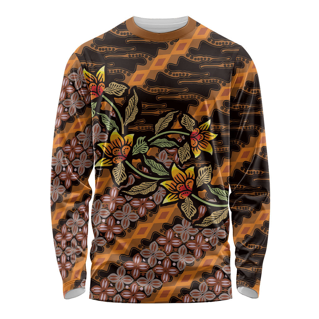 Indonesian Batik Motifs Pattern Floral Art Orange Long Sleeve Shirt