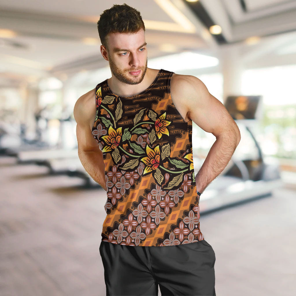 Indonesian Batik Motifs Pattern Floral Art Orange Men Tank Top