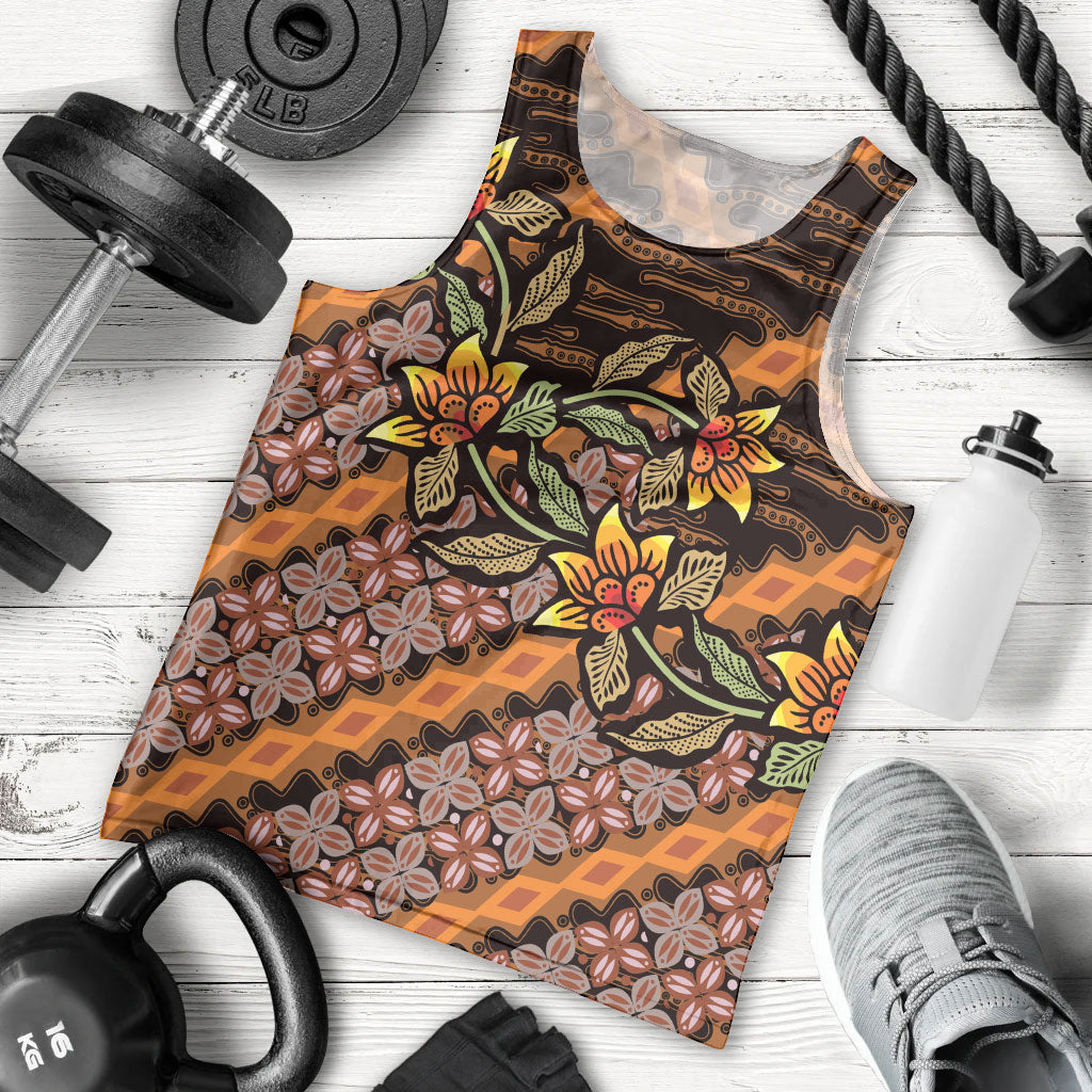 Indonesian Batik Motifs Pattern Floral Art Orange Men Tank Top