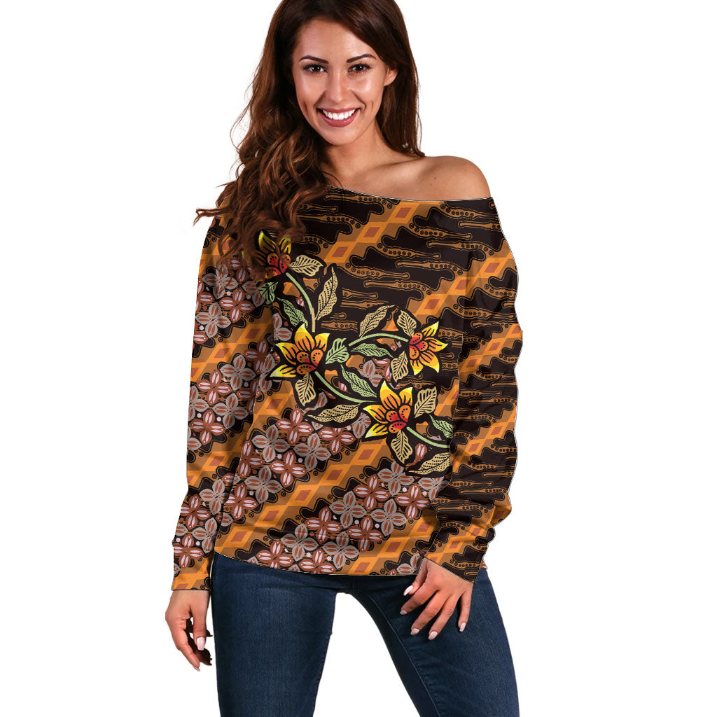Indonesian Batik Motifs Pattern Floral Art Orange Off Shoulder Sweater