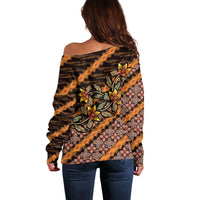 Indonesian Batik Motifs Pattern Floral Art Orange Off Shoulder Sweater