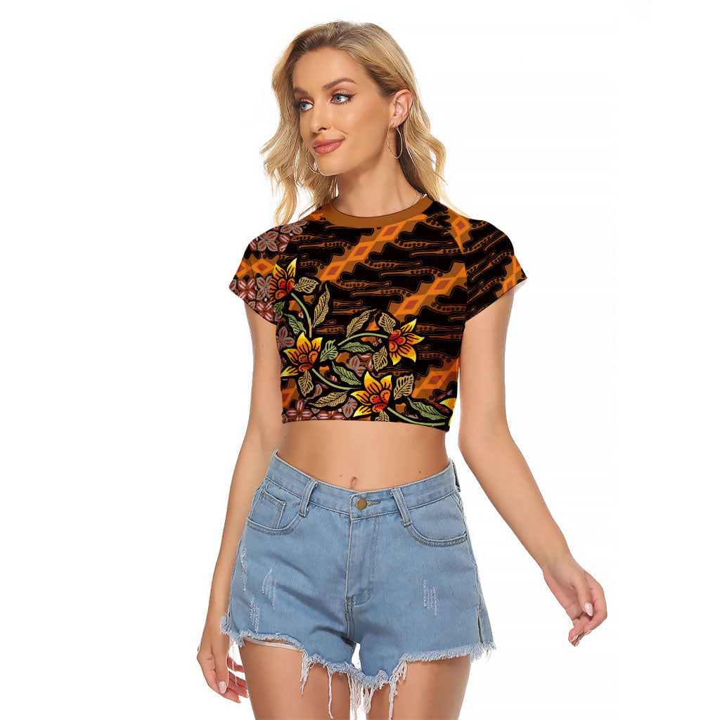 Indonesian Batik Motifs Pattern Floral Art Orange Raglan Cropped T Shirt