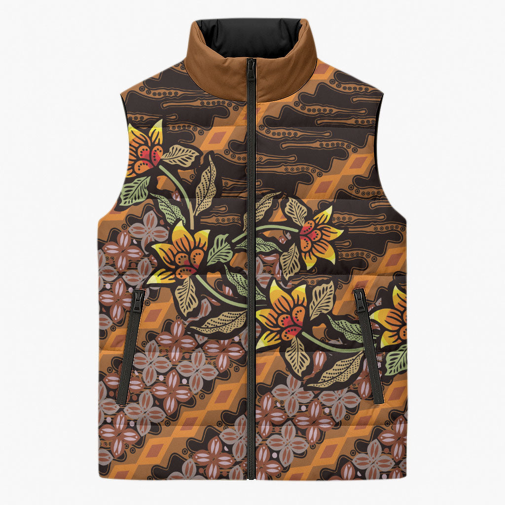 Indonesian Batik Motifs Pattern Floral Art Orange Sleeveless Puffer Jacket