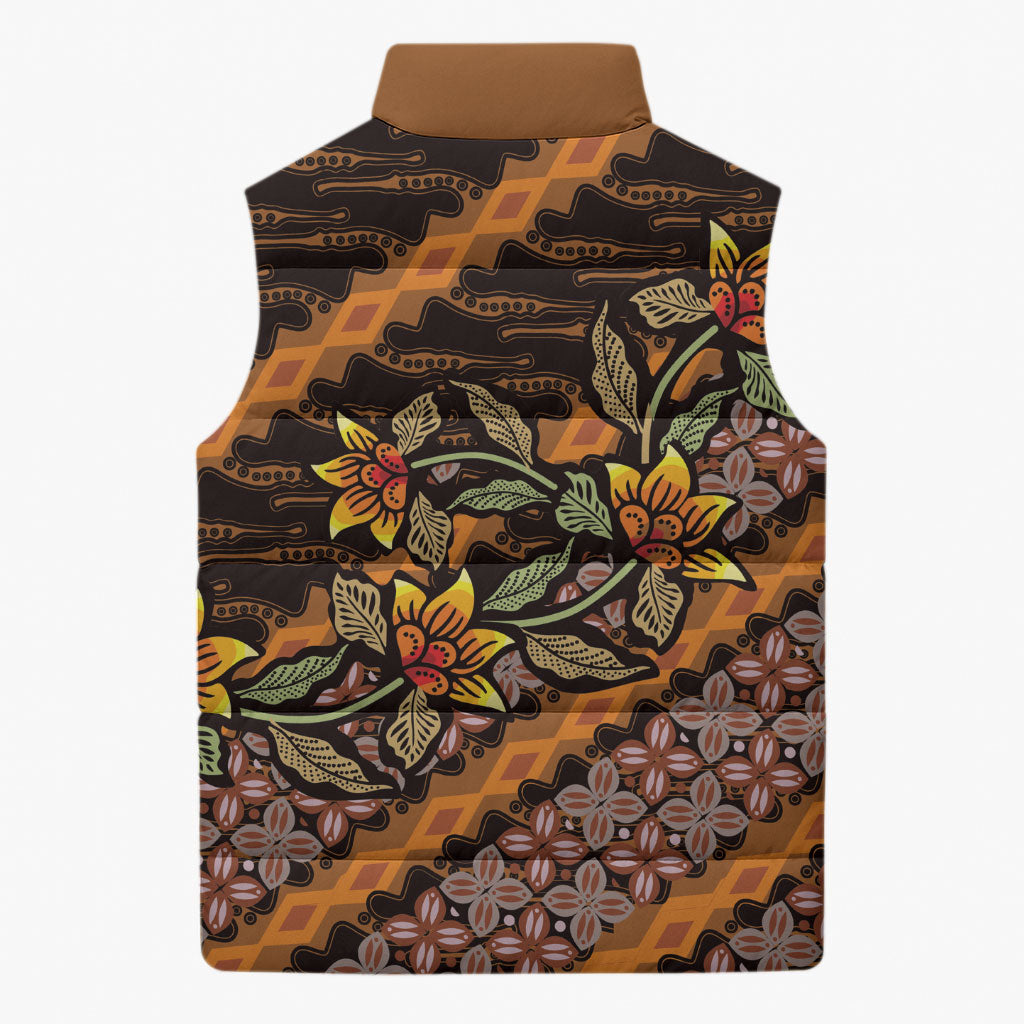 Indonesian Batik Motifs Pattern Floral Art Orange Sleeveless Puffer Jacket