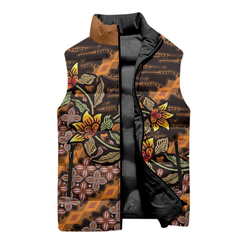 Indonesian Batik Motifs Pattern Floral Art Orange Sleeveless Puffer Jacket
