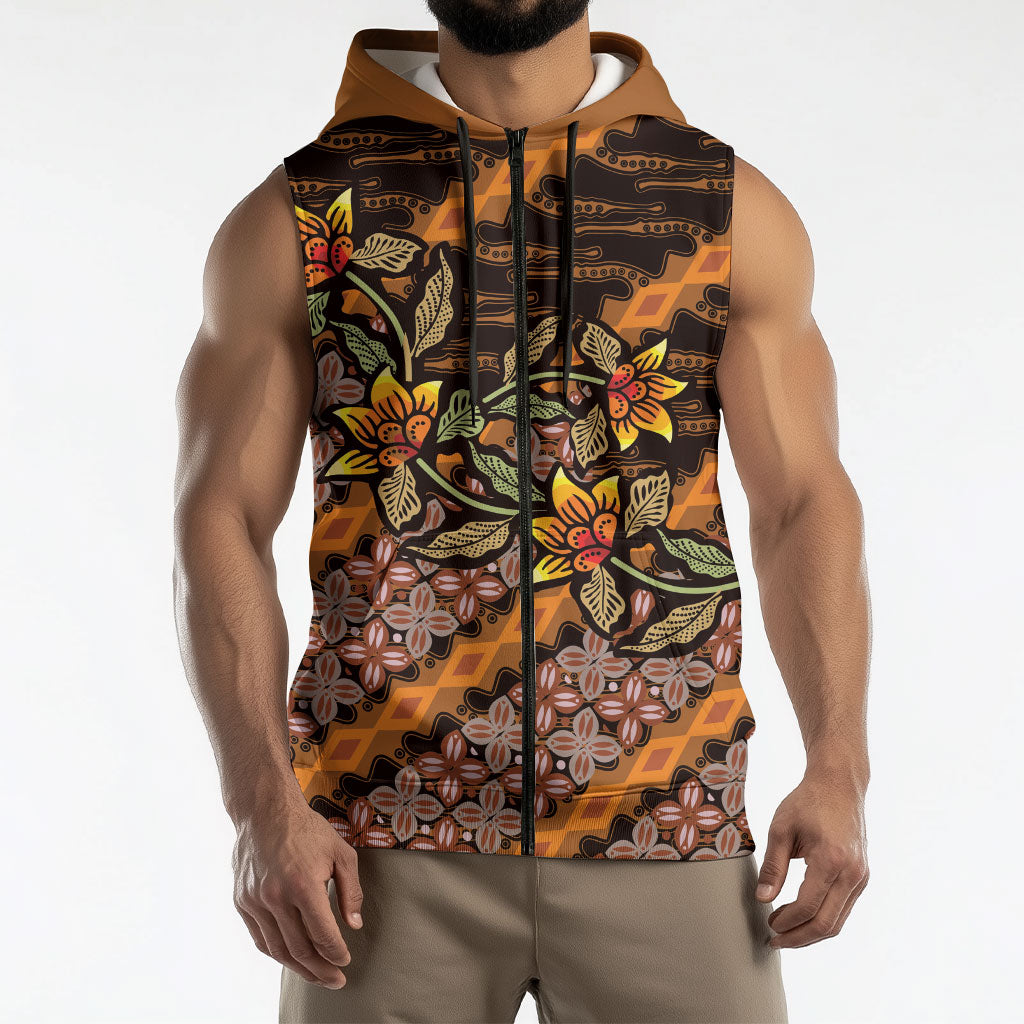 Indonesian Batik Motifs Pattern Floral Art Orange Sleeveless Zip Hoodie
