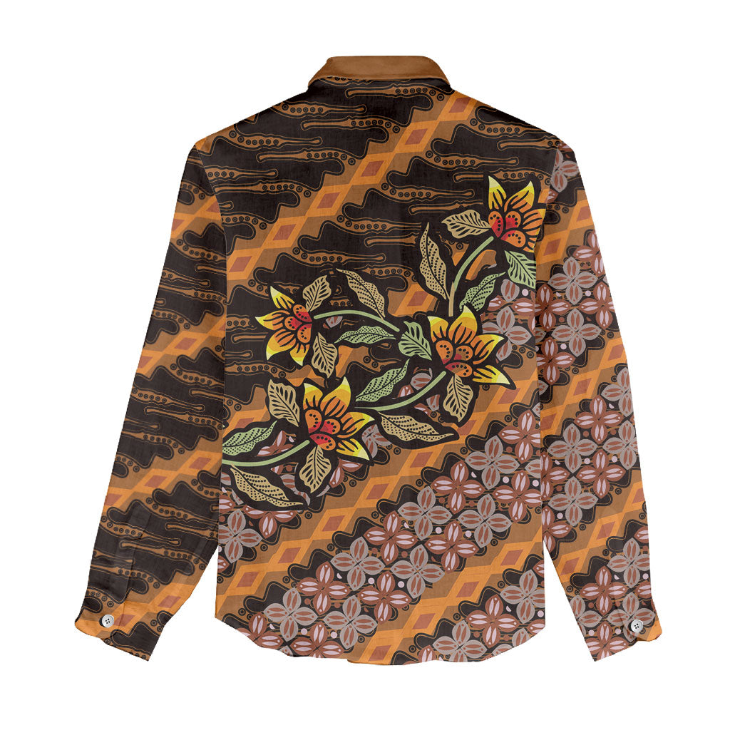 Indonesian Batik Motifs Pattern Floral Art Orange Women Casual Shirt