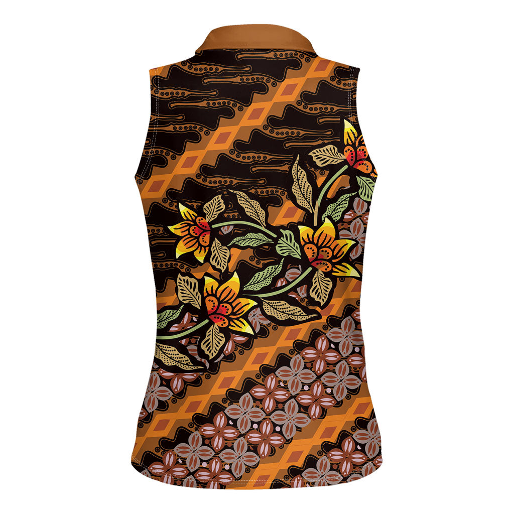 Indonesian Batik Motifs Pattern Floral Art Orange Women Sleeveless Polo Shirt