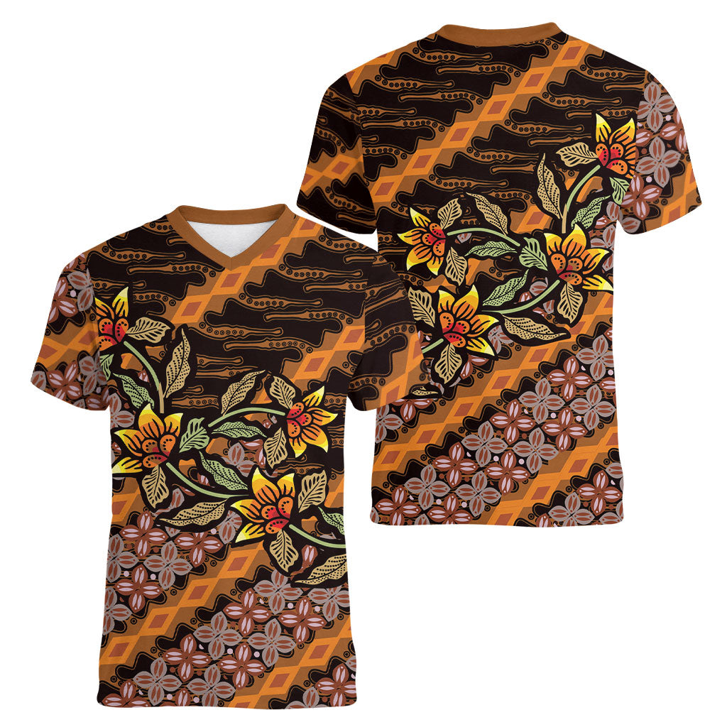 Indonesian Batik Motifs Pattern Floral Art Orange Women V-Neck T-Shirt