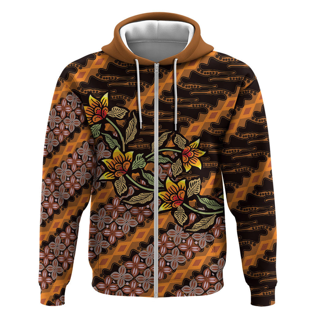Indonesian Batik Motifs Pattern Floral Art Orange Zip Hoodie