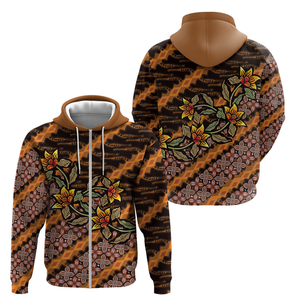 Indonesian Batik Motifs Pattern Floral Art Orange Zip Hoodie