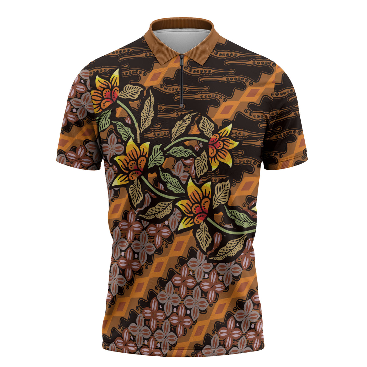 Indonesian Batik Motifs Pattern Floral Art Orange Zipper Polo Shirt