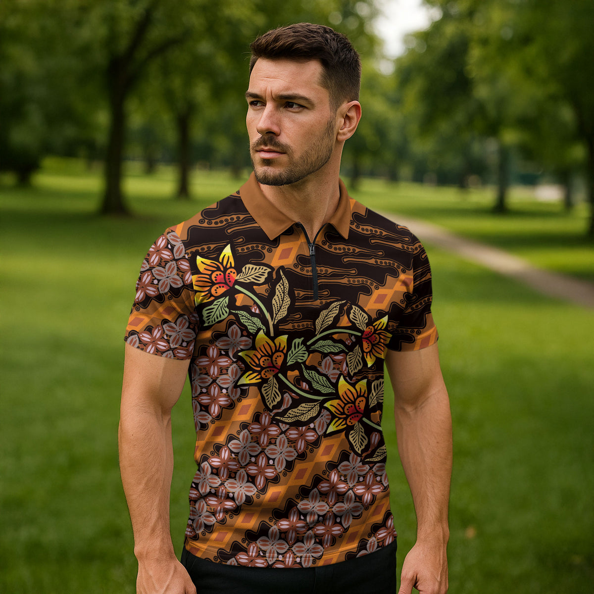 Indonesian Batik Motifs Pattern Floral Art Orange Zipper Polo Shirt