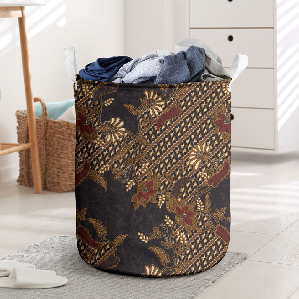 Indonesian Parang Batik Laundry Basket Brown Gold Floral Pattern