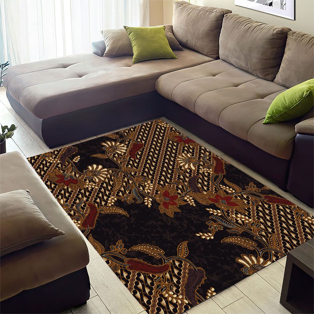 Indonesian Parang Batik Area Rug Brown Gold Floral Pattern