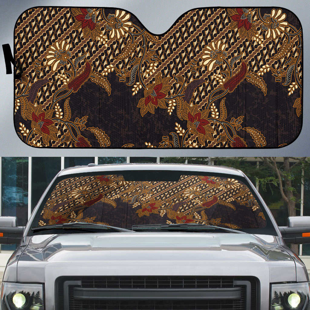 Indonesian Parang Batik Auto Sun Shade Brown Gold Floral Pattern