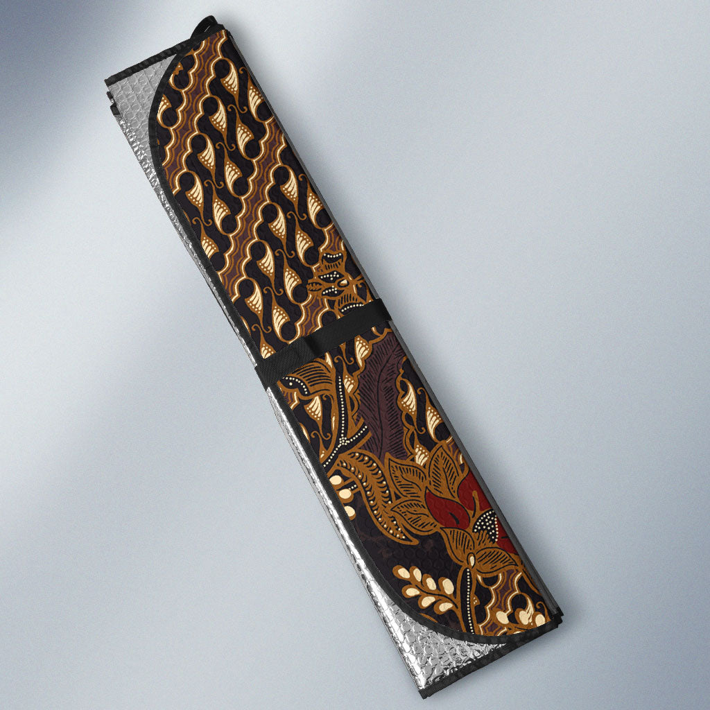 Indonesian Parang Batik Auto Sun Shade Brown Gold Floral Pattern