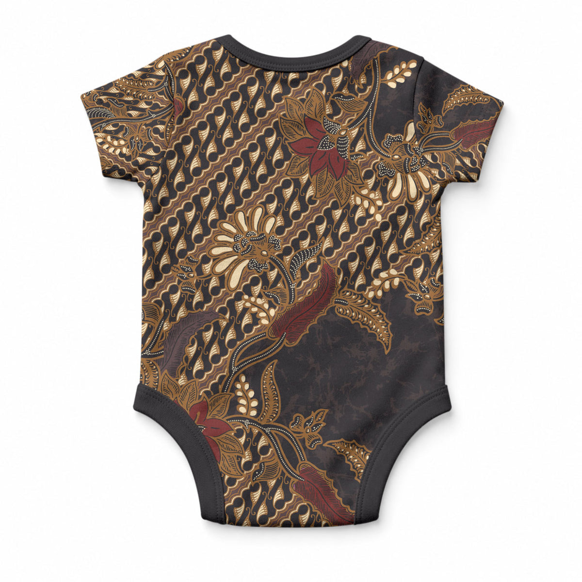 Indonesian Parang Batik Baby Onesie Brown Gold Floral Pattern