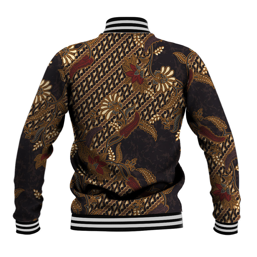Indonesian Parang Batik Baseball Jacket Brown Gold Floral Pattern