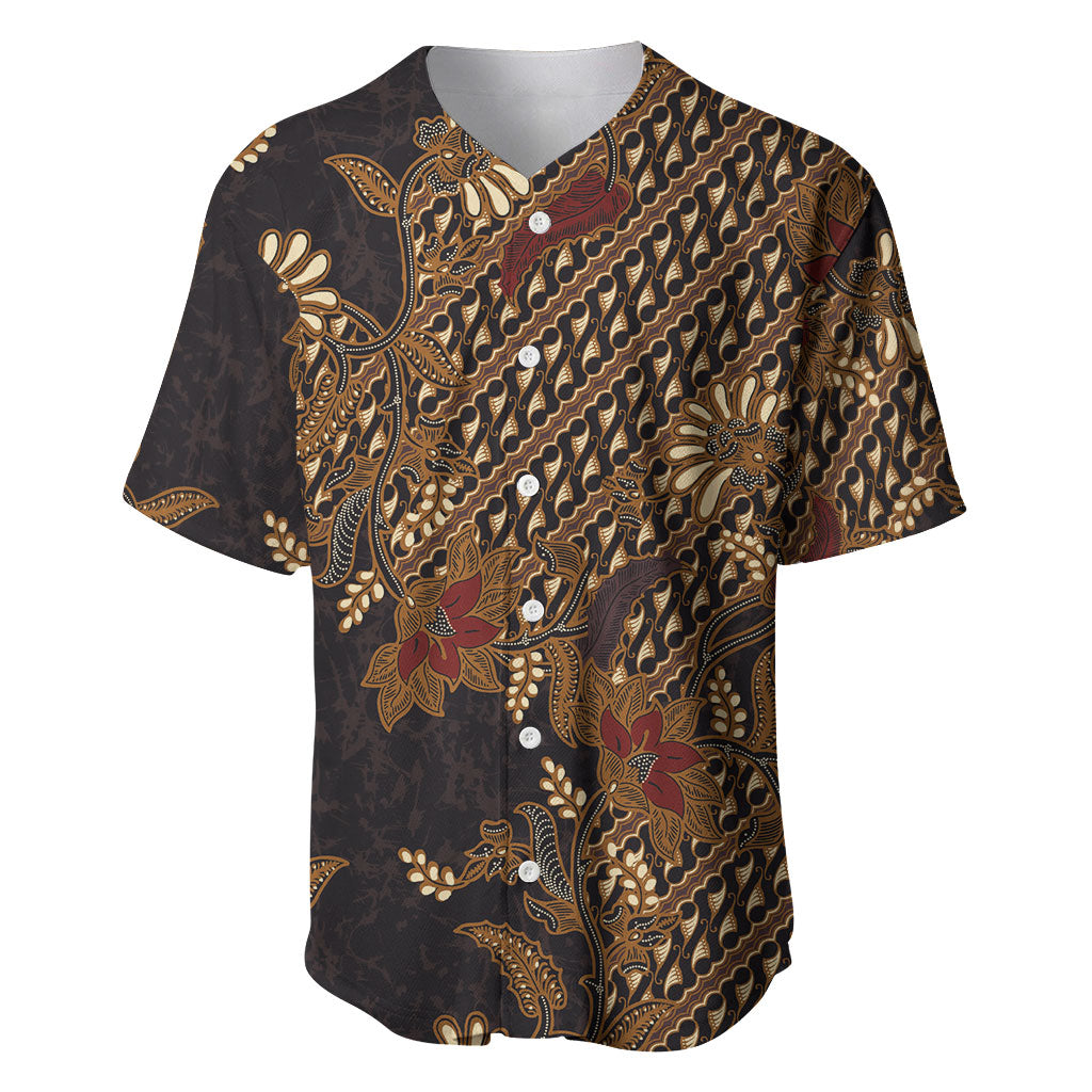 Indonesian Parang Batik Baseball Jersey Brown Gold Floral Pattern
