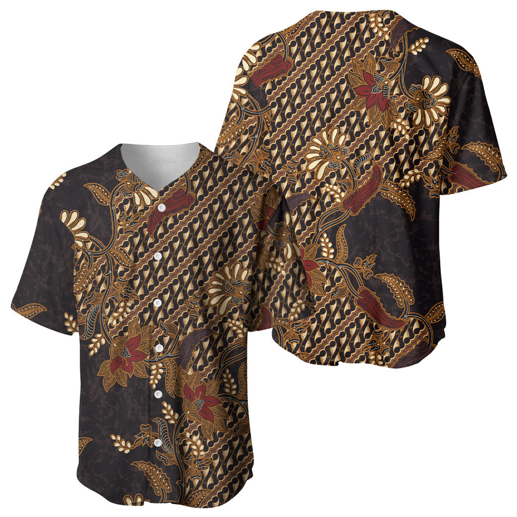 Indonesian Parang Batik Baseball Jersey Brown Gold Floral Pattern