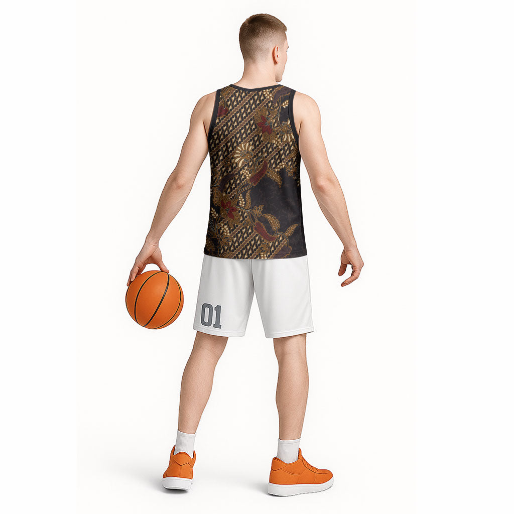 Indonesian Parang Batik Basketball Jersey Brown Gold Floral Pattern