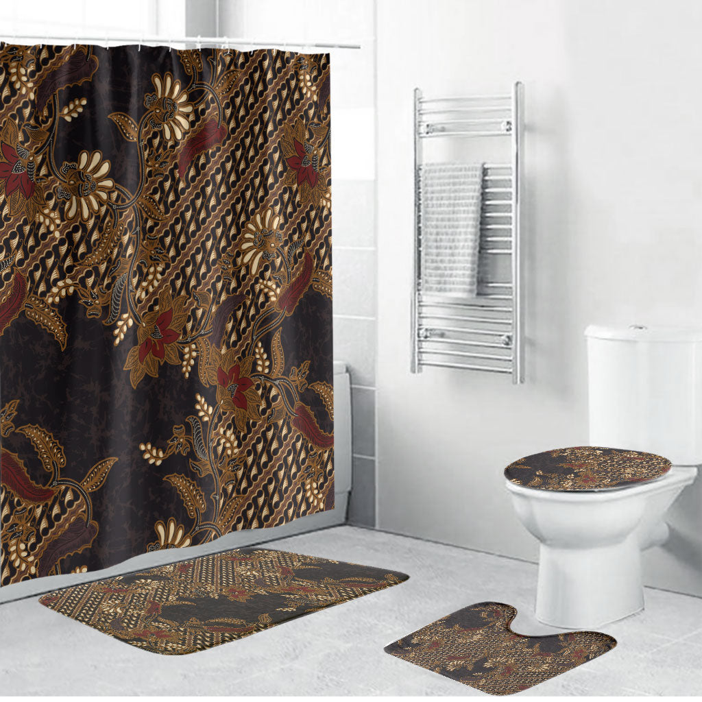 Indonesian Parang Batik Bathroom Set Brown Gold Floral Pattern