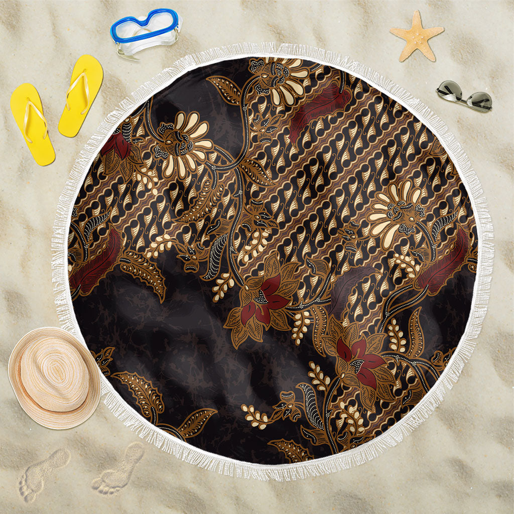 Indonesian Parang Batik Beach Blanket Brown Gold Floral Pattern