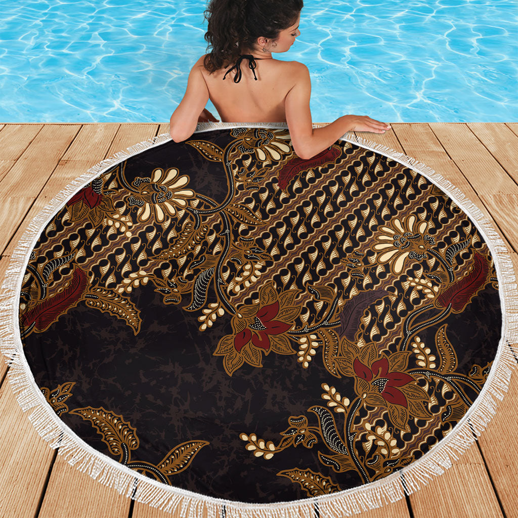 Indonesian Parang Batik Beach Blanket Brown Gold Floral Pattern