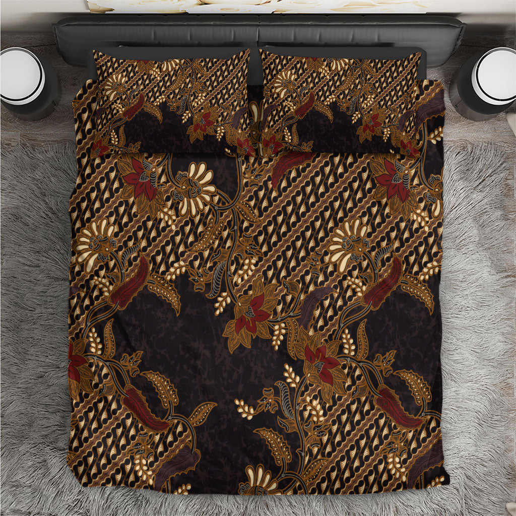 Indonesian Parang Batik Bedding Set Brown Gold Floral Pattern