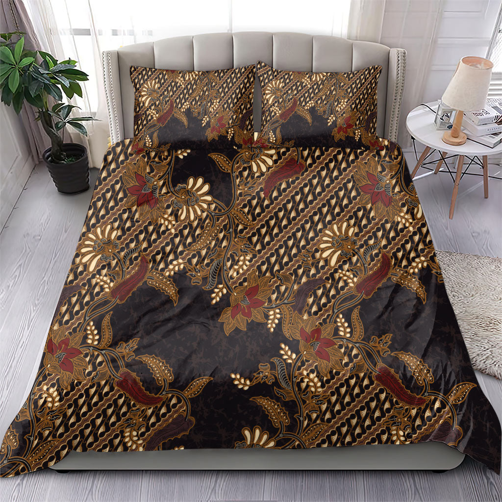 Indonesian Parang Batik Bedding Set Brown Gold Floral Pattern