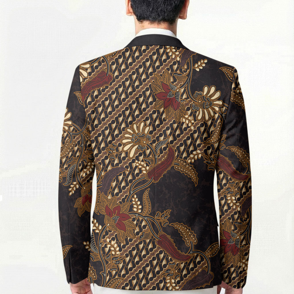 Indonesian Parang Batik Blazer Brown Gold Floral Pattern