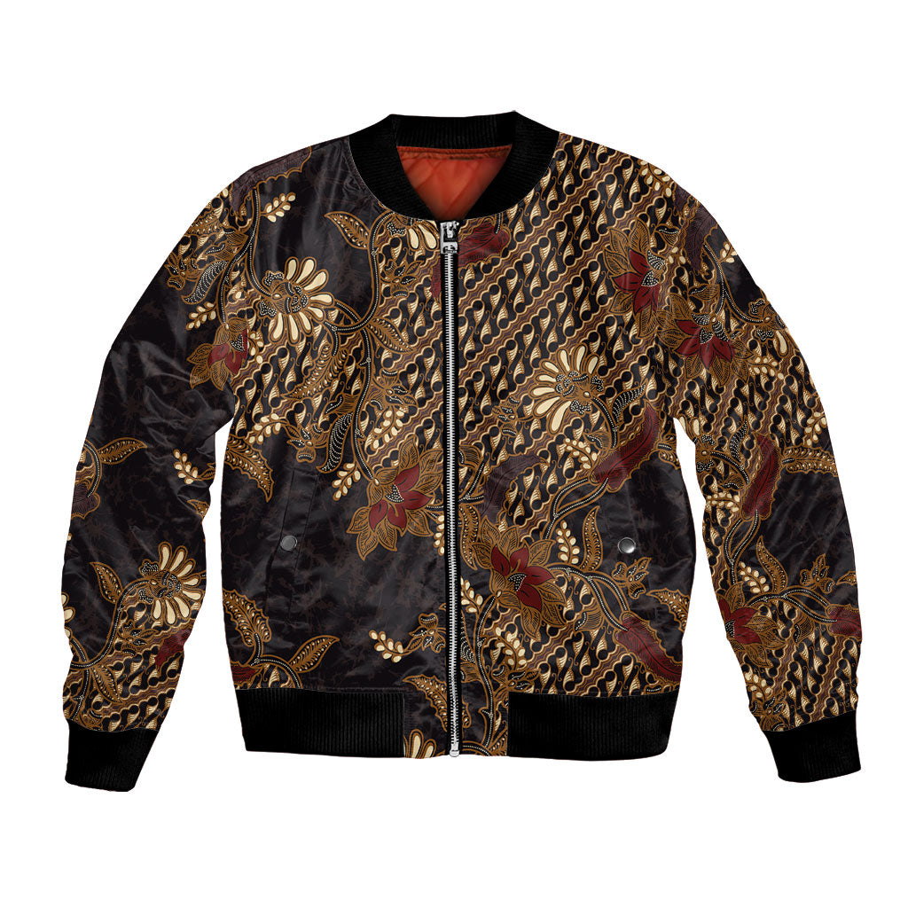 Indonesian Parang Batik Bomber Jacket Brown Gold Floral Pattern