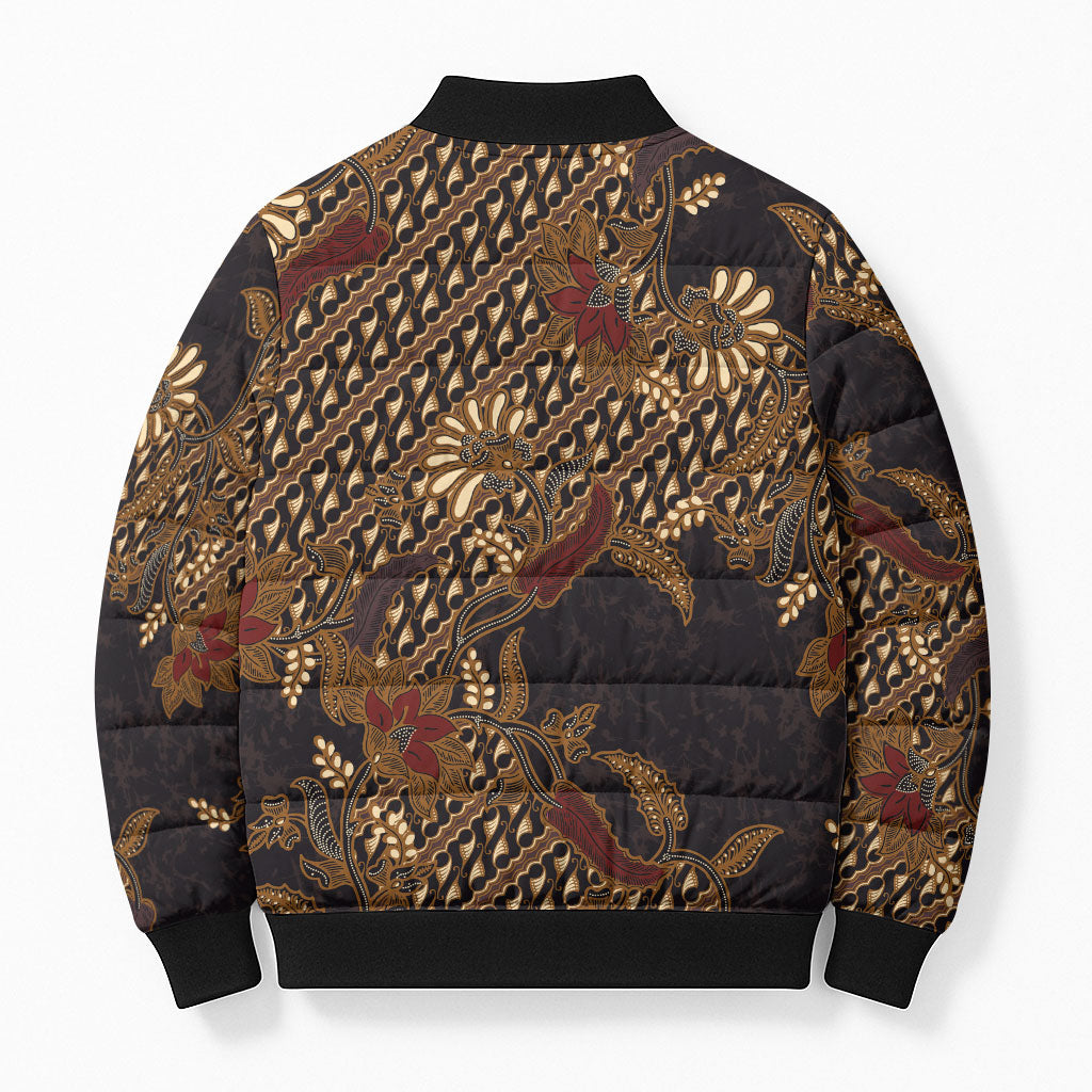 Indonesian Parang Batik Bomber Puffer Jacket Brown Gold Floral Pattern