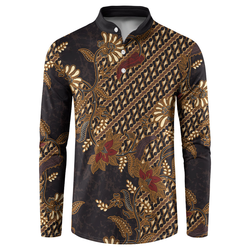 Indonesian Parang Batik Button Sweatshirt Brown Gold Floral Pattern