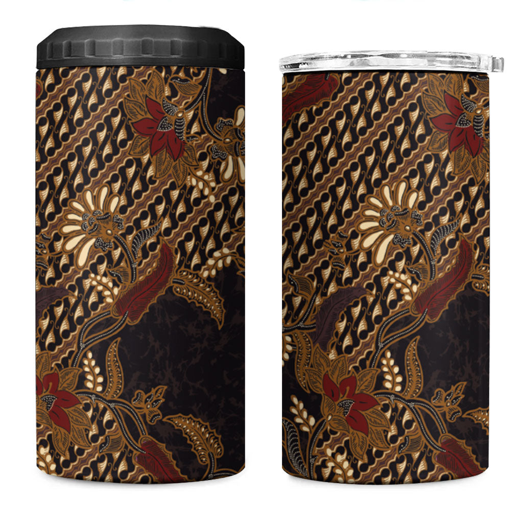 Indonesian Parang Batik 4 in 1 Can Cooler Tumbler Brown Gold Floral Pattern