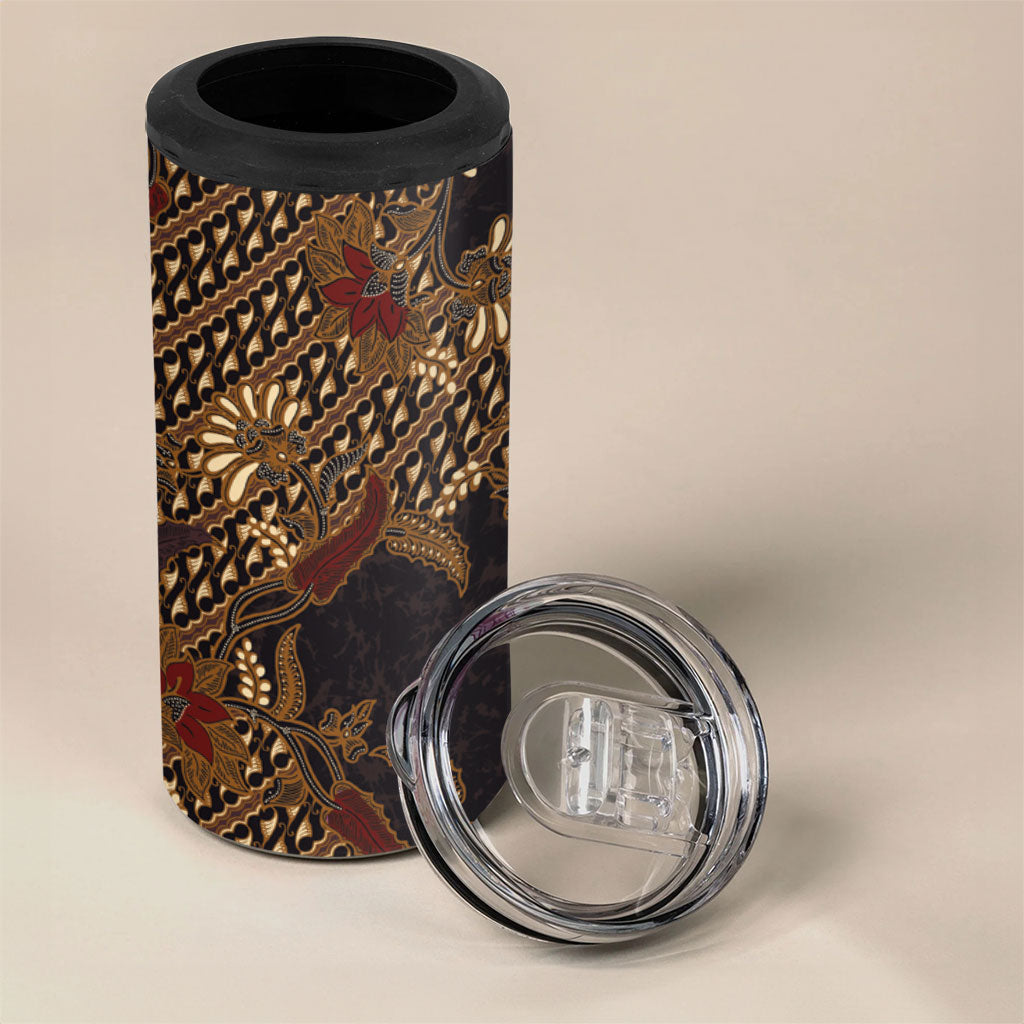 Indonesian Parang Batik 4 in 1 Can Cooler Tumbler Brown Gold Floral Pattern