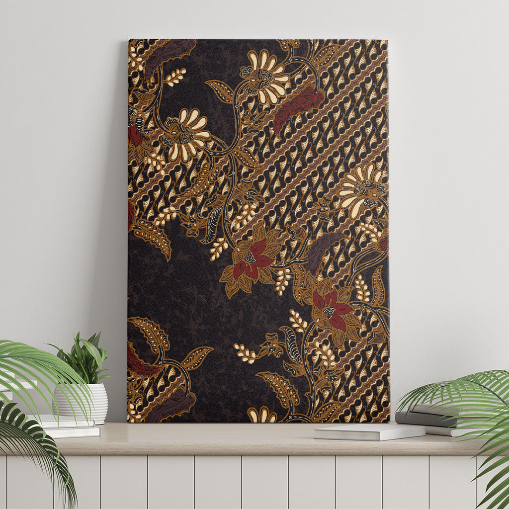 Indonesian Parang Batik Canvas Wall Art Brown Gold Floral Pattern