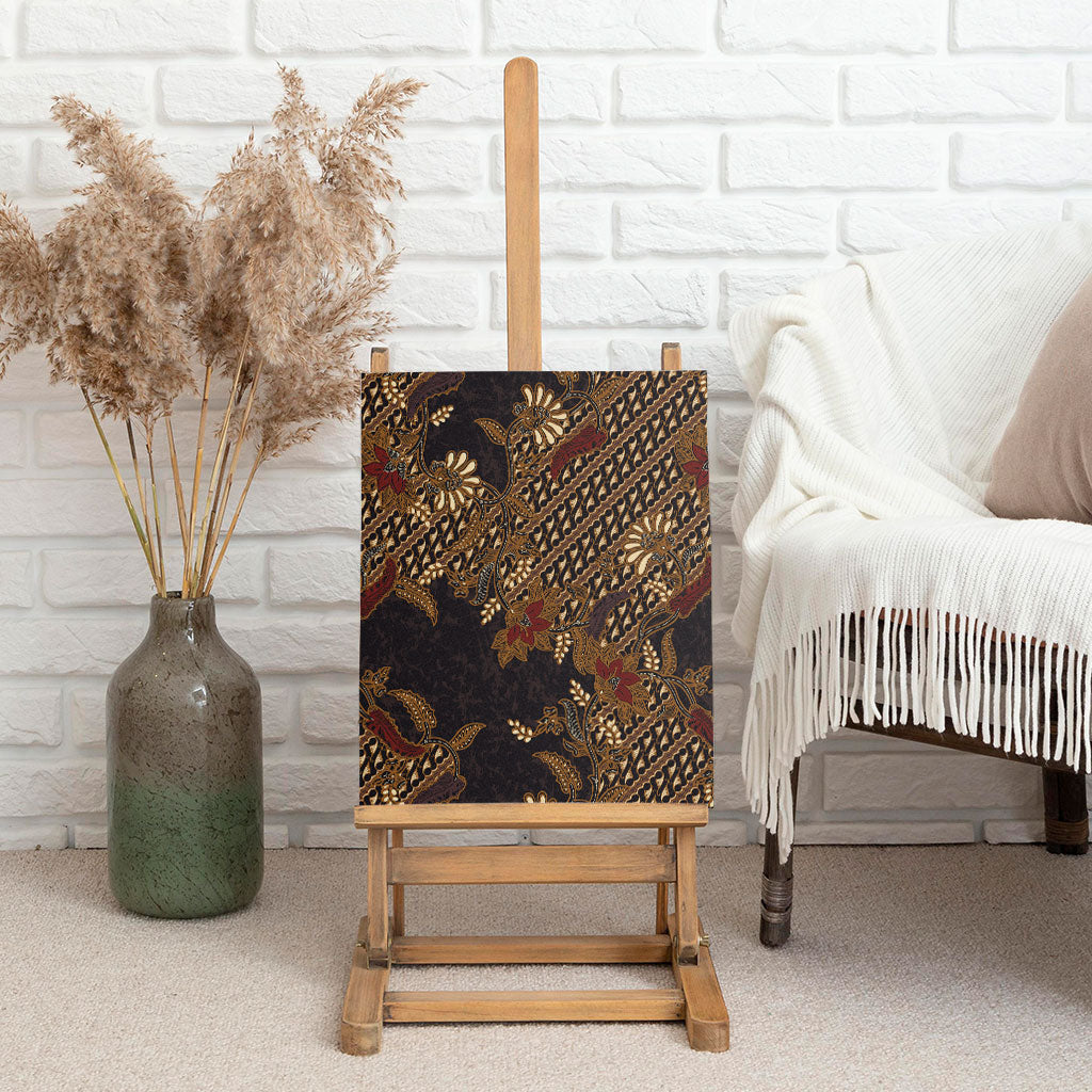 Indonesian Parang Batik Canvas Wall Art Brown Gold Floral Pattern