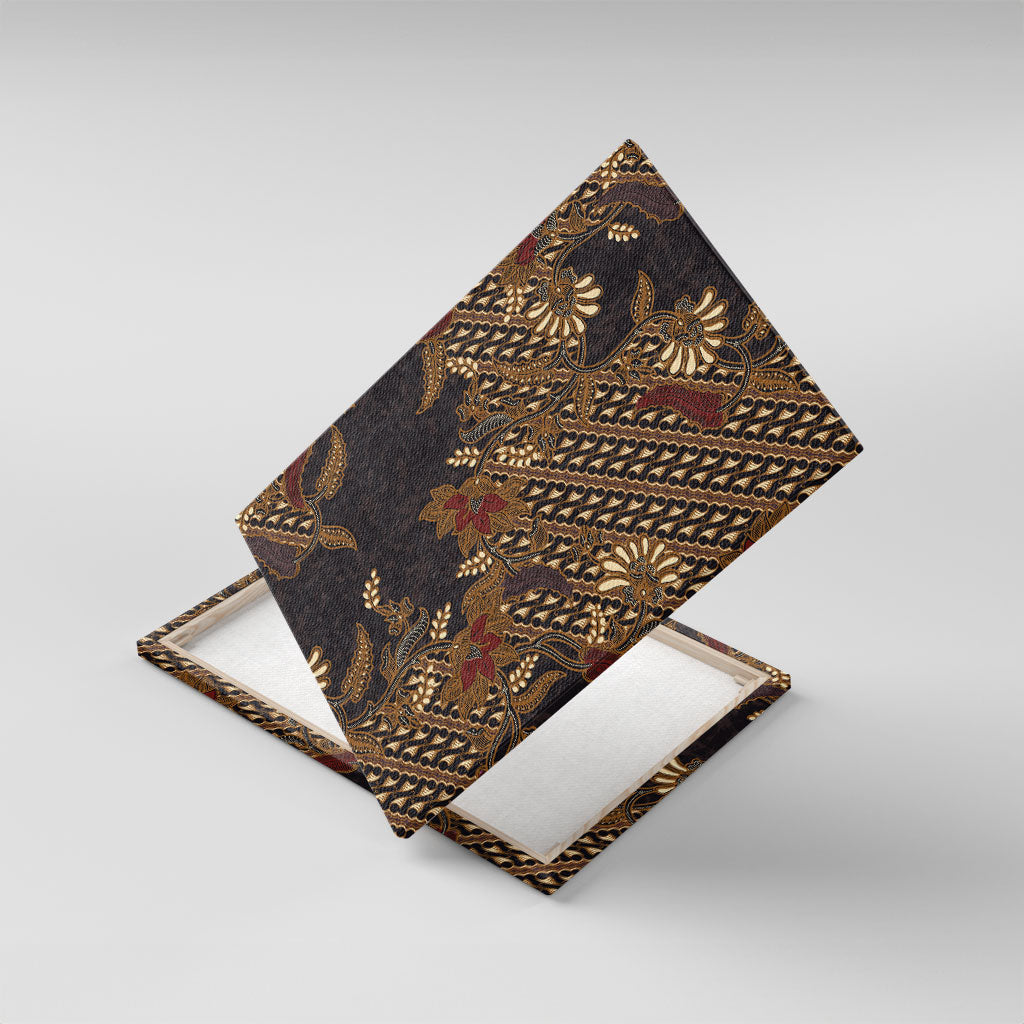 Indonesian Parang Batik Canvas Wall Art Brown Gold Floral Pattern