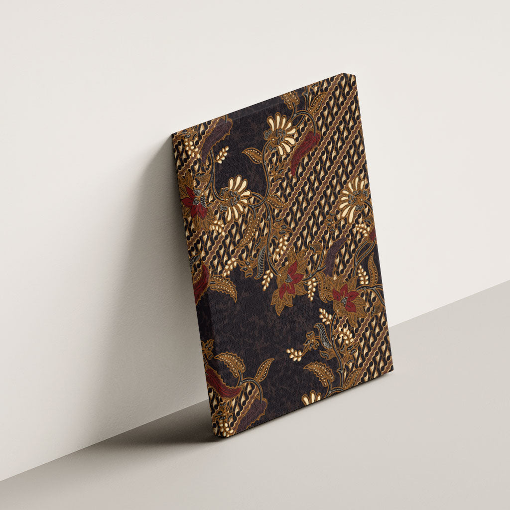 Indonesian Parang Batik Canvas Wall Art Brown Gold Floral Pattern