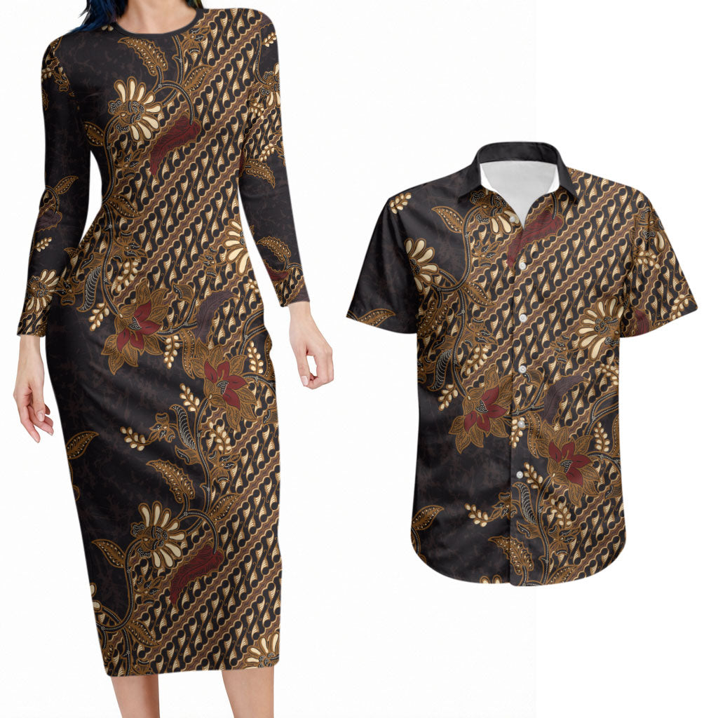 Indonesian Parang Batik Couples Matching Long Sleeve Bodycon Dress and Hawaiian Shirt Brown Gold Floral Pattern
