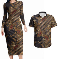 Indonesian Parang Batik Couples Matching Long Sleeve Bodycon Dress and Hawaiian Shirt Brown Gold Floral Pattern