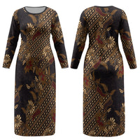 Indonesian Parang Batik Couples Matching Long Sleeve Bodycon Dress and Hawaiian Shirt Brown Gold Floral Pattern