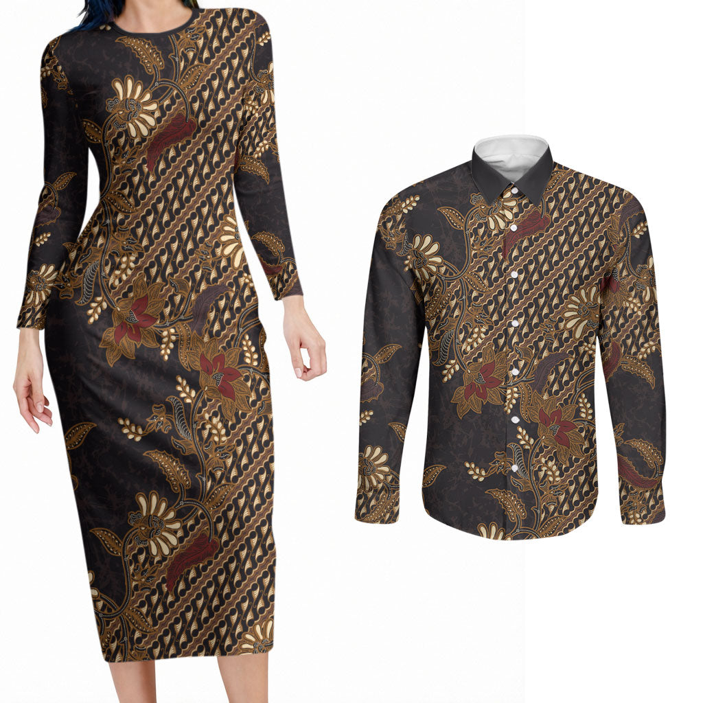 Indonesian Parang Batik Couples Matching Long Sleeve Bodycon Dress and Long Sleeve Button Shirt Brown Gold Floral Pattern