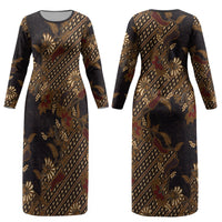 Indonesian Parang Batik Couples Matching Long Sleeve Bodycon Dress and Long Sleeve Button Shirt Brown Gold Floral Pattern