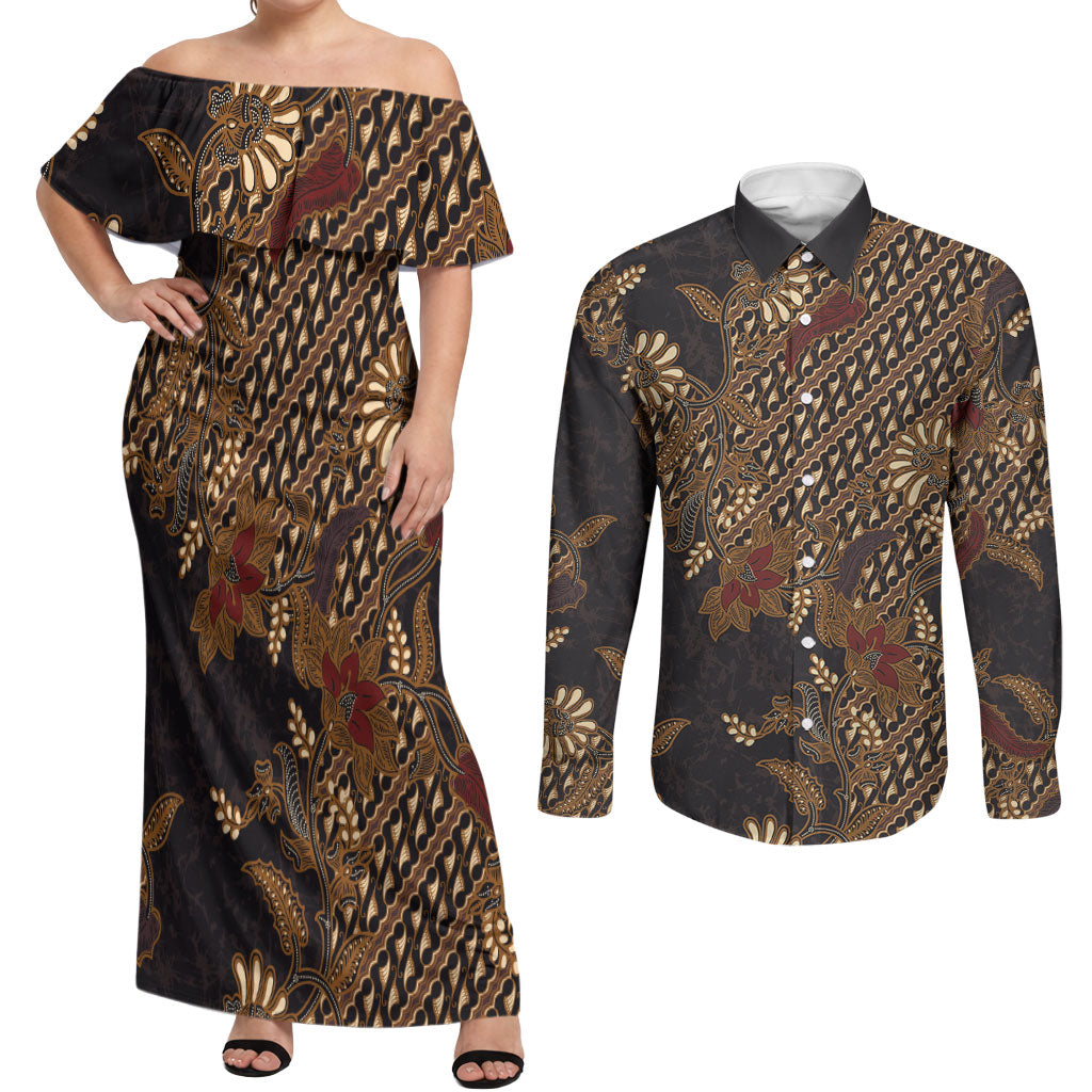 Indonesian Parang Batik Couples Matching Off Shoulder Maxi Dress and Long Sleeve Button Shirt Brown Gold Floral Pattern