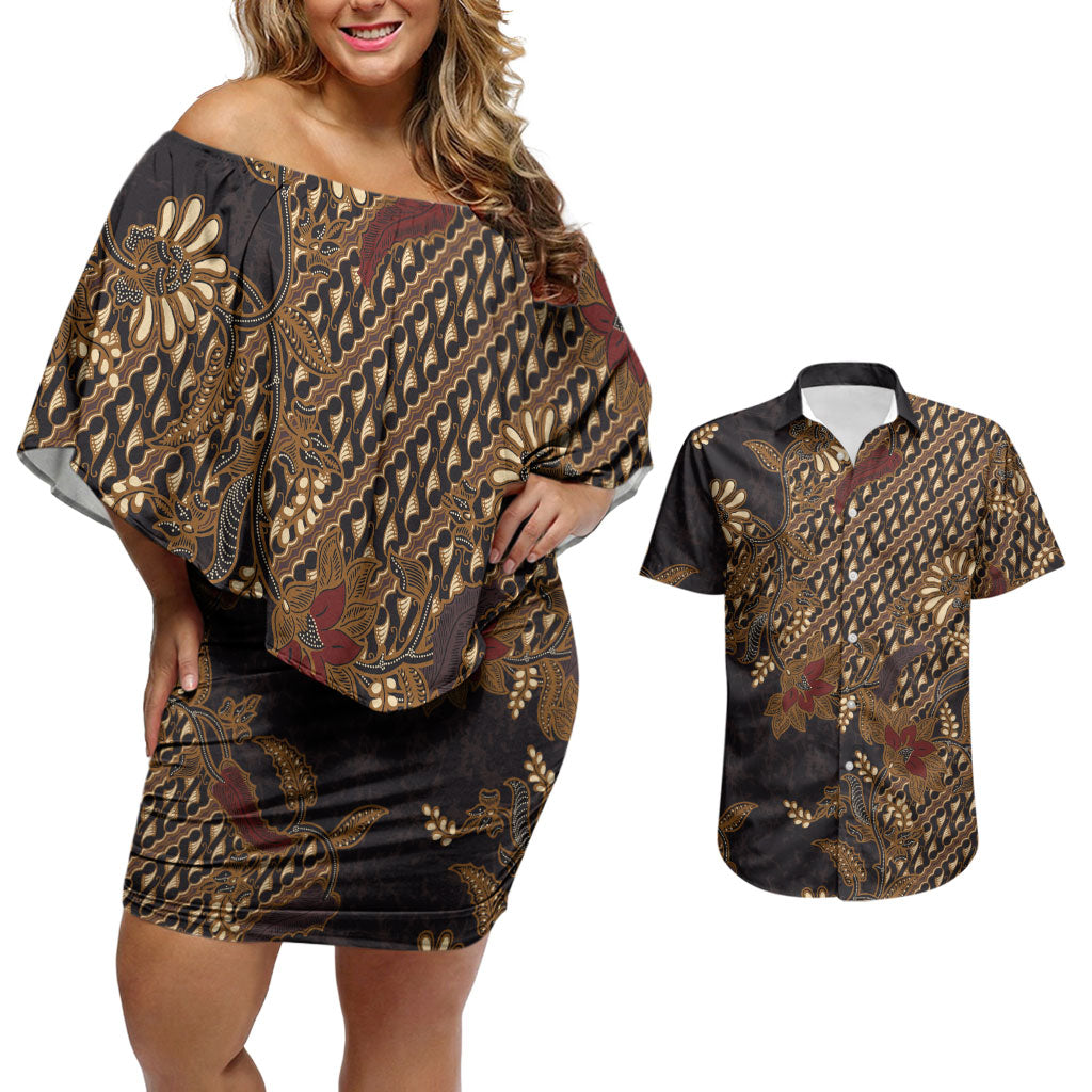 Indonesian Parang Batik Couples Matching Off Shoulder Short Dress and Hawaiian Shirt Brown Gold Floral Pattern