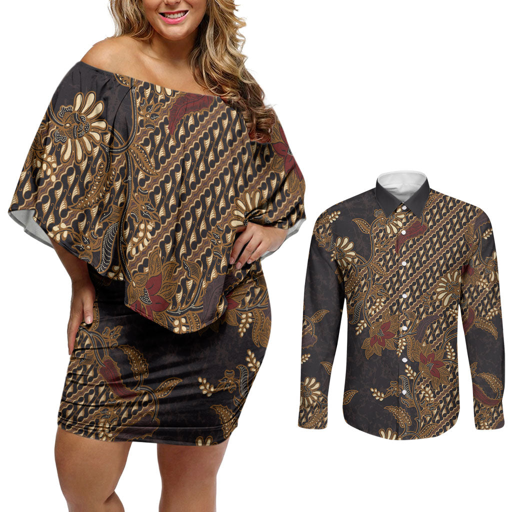 Indonesian Parang Batik Couples Matching Off Shoulder Short Dress and Long Sleeve Button Shirt Brown Gold Floral Pattern